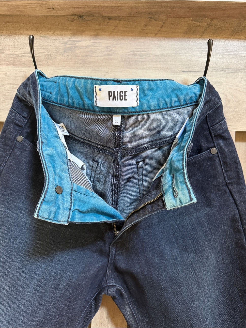 PAIGE women’s Navy Slim Jeans with Turquoise Waistlining